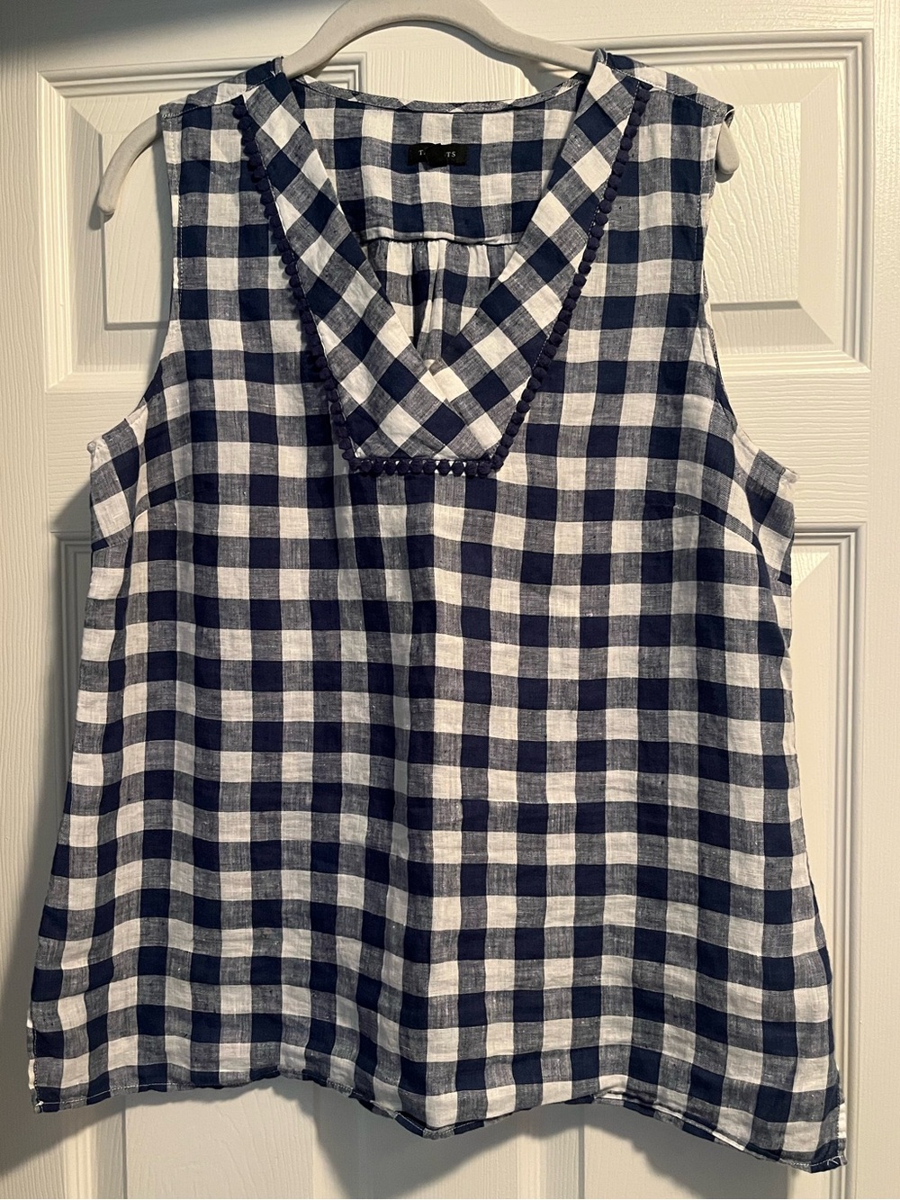 Talbots Navy and White Gingham Sleeveless V-Neck Top Popover Blouse